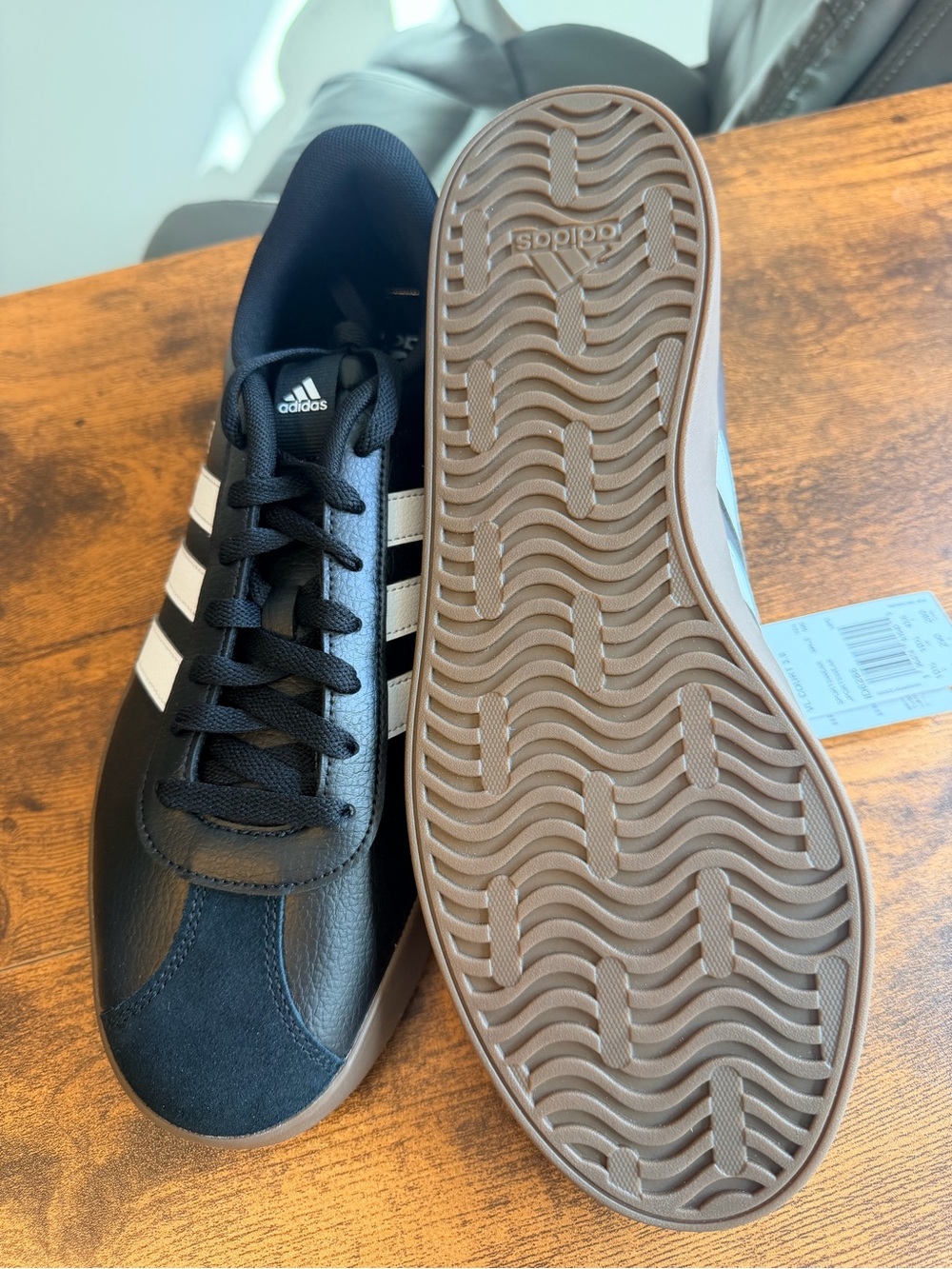 adidas Men’s Black Sneakers with White Stripes and Gum Sole - Picture 4 of 7